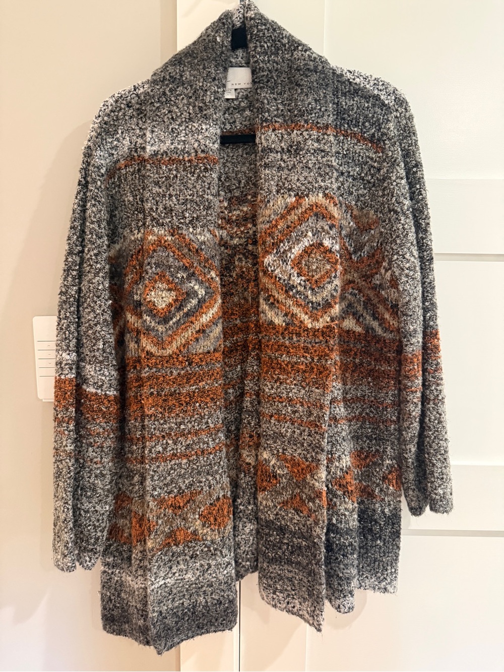 Open-Front Gray and Rust Patterned Women's Cardigan Sweater